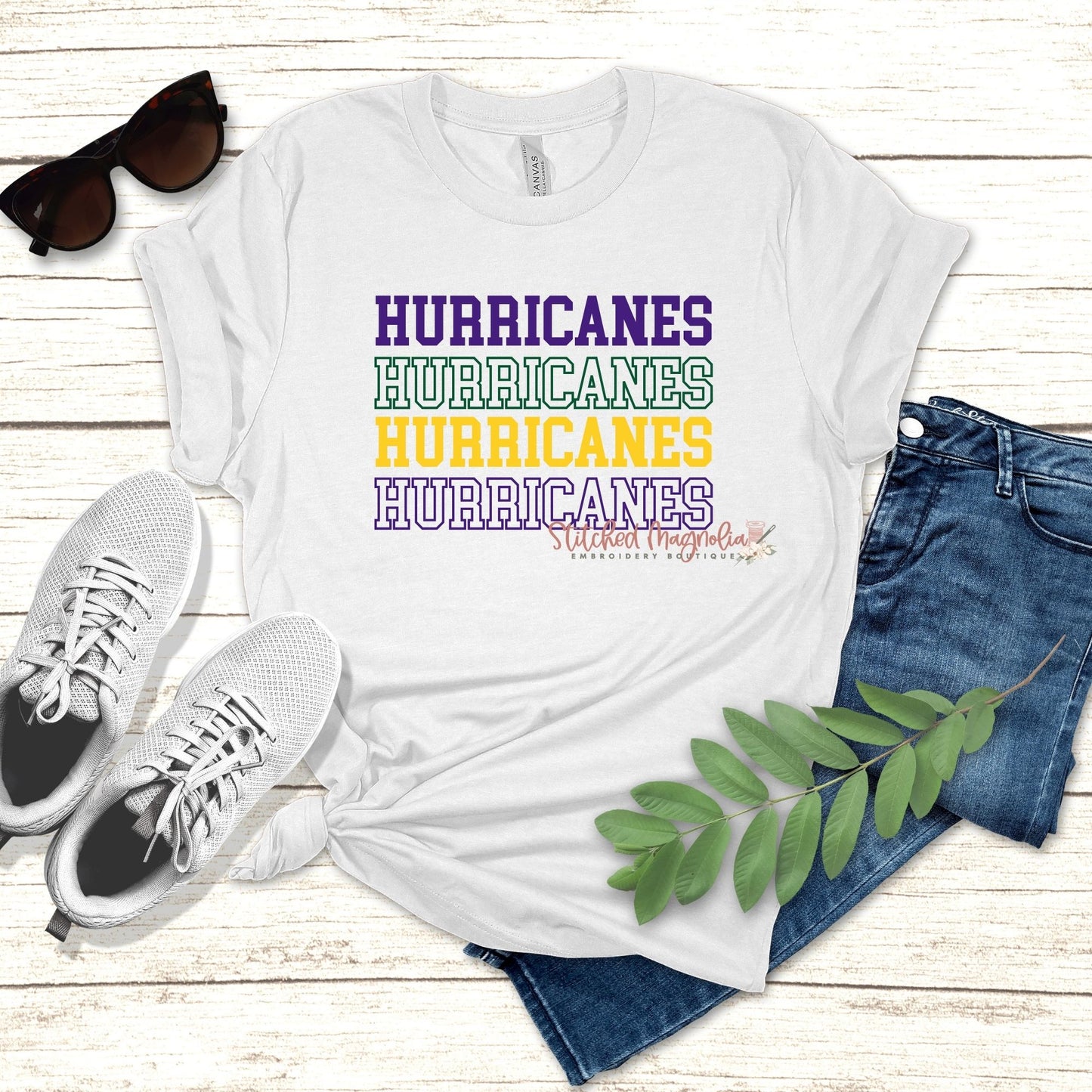 Hurricanes Spirit Shirt - Purple Green Yellow Stacked Design