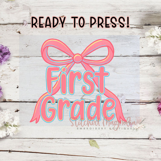 Single DTF Transfer - First Grade Rainbow Bow | Heat Press Ready