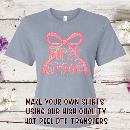 Single DTF Transfer - First Grade Rainbow Bow | Heat Press Ready