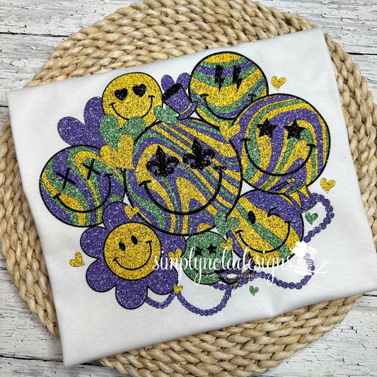 Woman’s Mardi Gras Shirt, Retro Mardi Gras Smiley Face Shirt, Retro Smiley Face, Mardi Gras Shirt, Retro Mardi Gras Shirt, Faux Glitter DTF